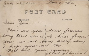 John Johnson horse and buggy postcard, reverse.