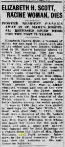 Elizabeth H. Scott funeral at 1642 Park Ave., Racine Journal News, 1920 08 19