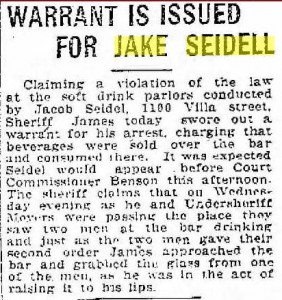 Jake Seidell runs into trouble after Prohibition takes effect, Racine Journal News, 8/26/1921