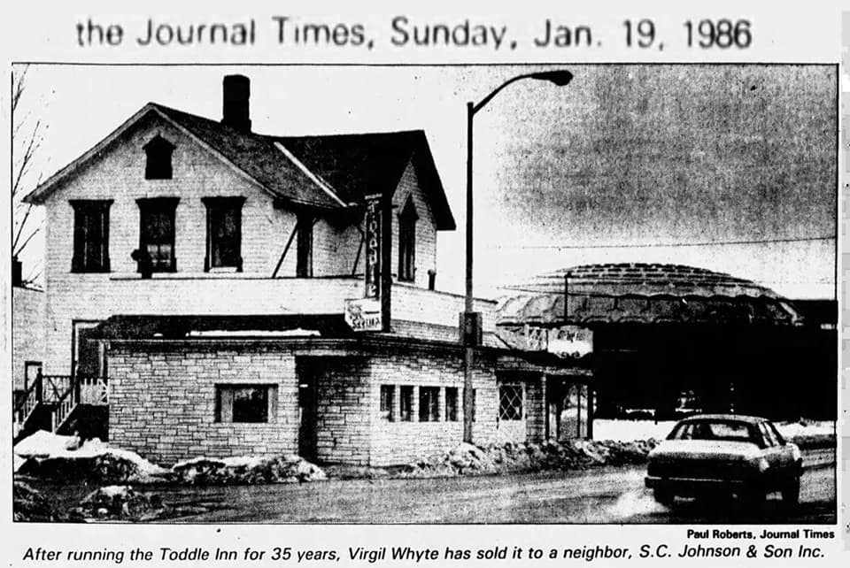 Journal Times, Sunday, January 19, 1986. After running the Toddle Inn for 35 years, Virgil Whyte has sold it to a neighbor, S. C. Johnson & Son Inc.