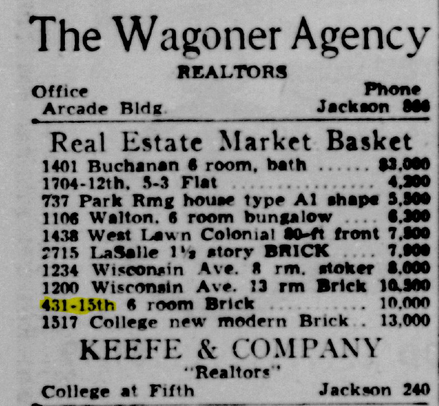 Racine Journal Times, June 12, 1941
431-15th 6 room Brick ... $10,000