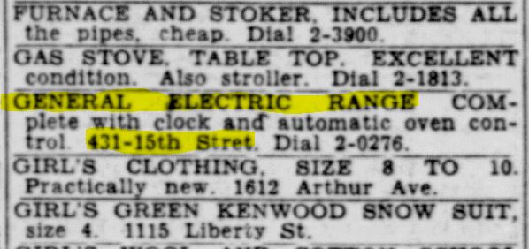 Racine Journal Times, September 14, 1950
General Electrice Range complete with clock and automatic oven control. 431-15th Street. Dial 2-0276.