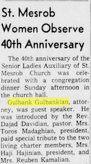 Racine Journal Times, October 20, 1964
St. Mesrob Women Observe 40th Anniversary with guest speaker Gulbank Gulbankian, attorney
