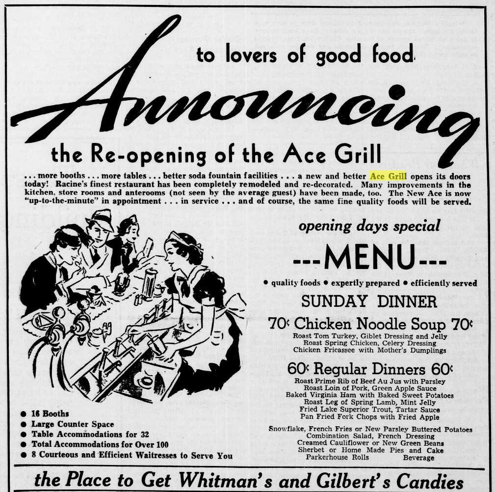 Racine Journal Times Sunday Bulletin, August 2, 1936
Re-opening of the Ace Grill after remodeling and redecorating