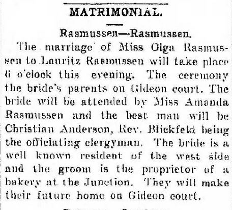 Rasmussen-Rasmussen marriage.
Racine Daily Journal, October 30, 1907.