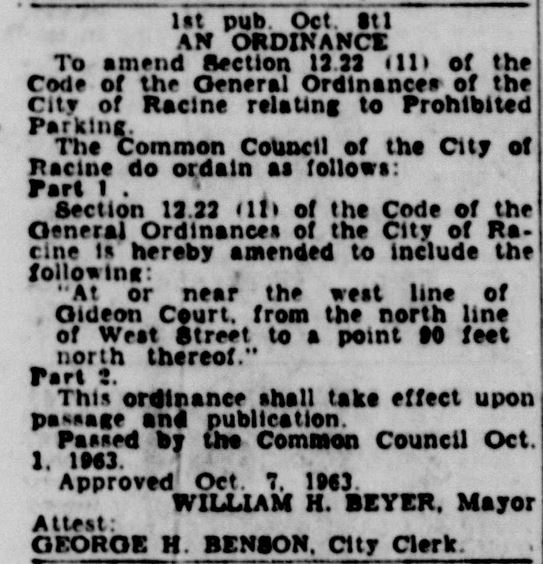 Racine Journal Times, October 8, 1963, prohibited parking near Gideon Court