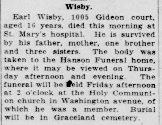 Racine Journal News, September 25, 1923: Earl Wisby of 1005 Gideon Court died at age 16
