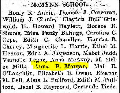 From the Racine Daily Journal, June 27, 1901: Anna B. Morgan graduated from the McMynn School.