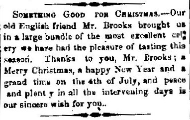 Something Good for Christmas: Our old English friend Mr. Brooks brought us in a large bundle of the most excellent celery we have had the pleasure of tasting this season. Thanks to you, Mr. Brooks; Merry Christmas, a happy New Year and a grand time on the 4th of July, and peace and plenty in all the intervening days is our sincere wish for you.