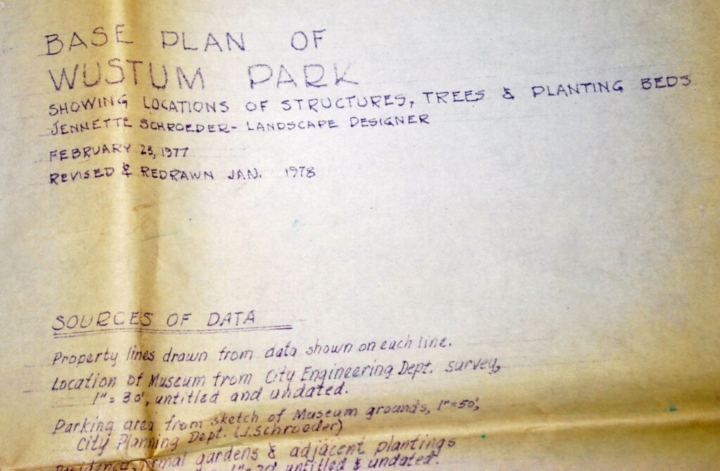 Found by Douglas Chausee, the Base Plan of Wustum Park, with landscape designer, Jennette Schroeder, 1977, redrawn 1978