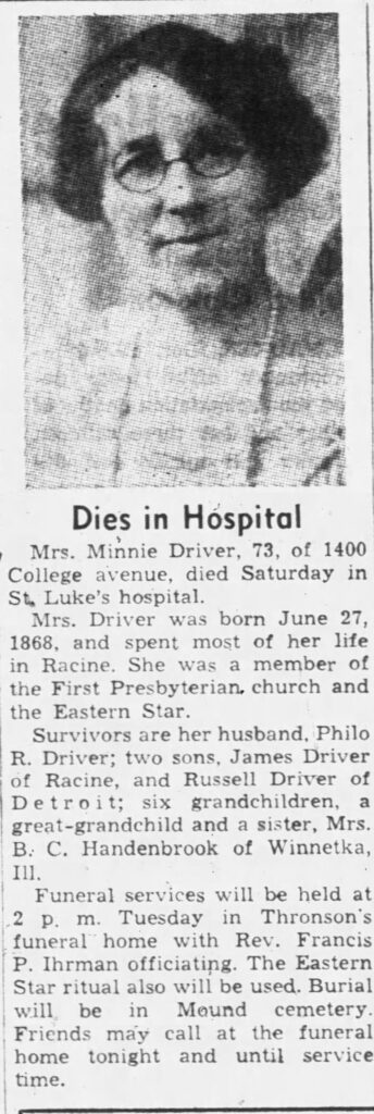 Dies in Hospital
Mrs. Minnie Driver, 73, of 1400 College avenue, died Saturday in St. Luke's hospital.