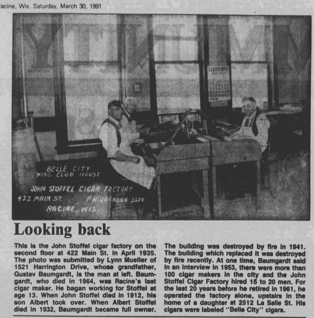 This is the John Stoffel cigar factory on the second floor at 422 Main St. in April 1935. The photo was submitted by Lynn Mueller of 1521 Harrington Drive, whose grandfather, Gustav Baumgardt, is the man at left. Baumgardt, who died in 1964, was Racine's last cigar maker. He began working for Stoffel at age 13.